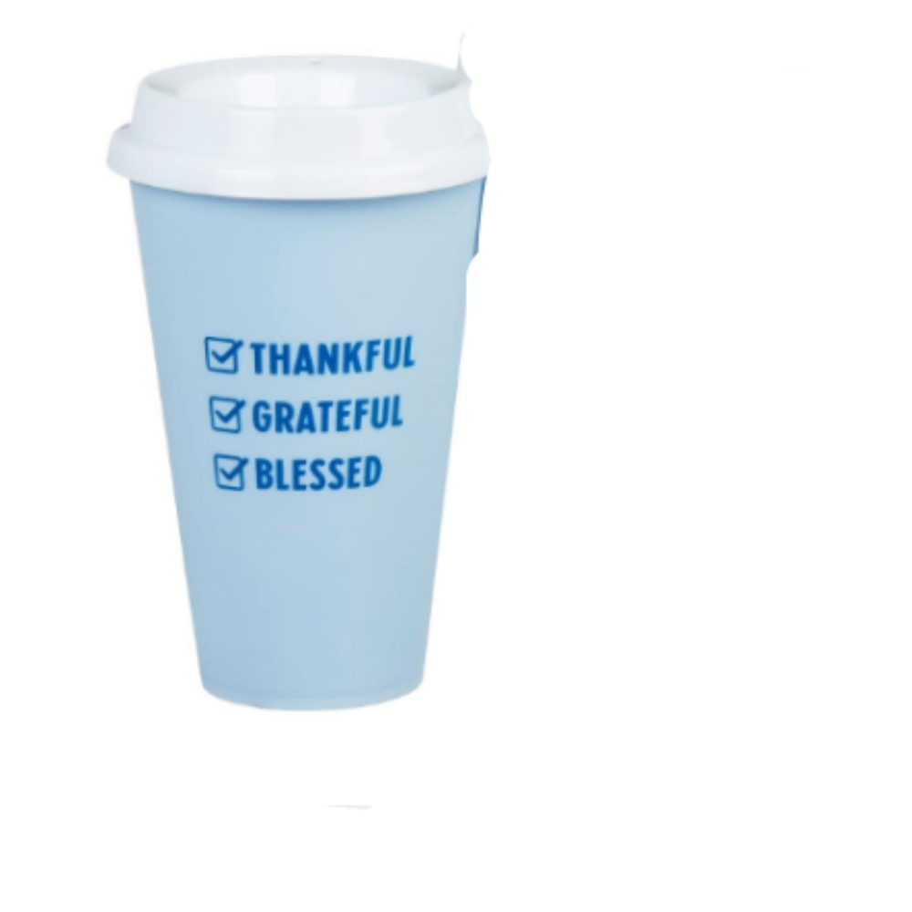 "Blessed, Thankful Grateful" blue on the go tea / coffee cup